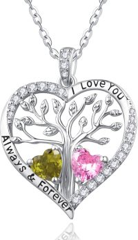wholesale S925 Sterling Silver White Gold Plated 1CT Peridot & 1CT Tourmaline Tree of Life Heart Pendant Necklace for Women, Love Gifts for Wife Girlfriend Mom Grandma Daughter-08-10-Aug-Oct