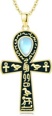 wholesale 925 Sterling Silver Ankh Necklace with Moonstone and Turquoise Agate Egyptian Cross Pendant-Gold-Moonstone