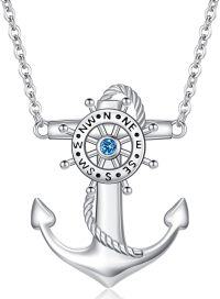 wholesale 925 Sterling Silver Anchor Nautical Pendant Necklace with Rope Detail and Blue Crystal Centerpiece for Women Men  47cm Chain Length-anchor