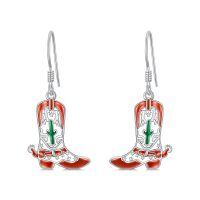 wholesale 925 Sterling Silver Red Enamel Cowboy Boot Cactus Drop Earrings-cowboy boot