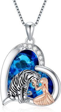 wholesale 925 Sterling Silver Blue Crystal Heart Pendant with White Tiger and Rose Gold Girl Charm Necklace for Women Girls-Tiger-2