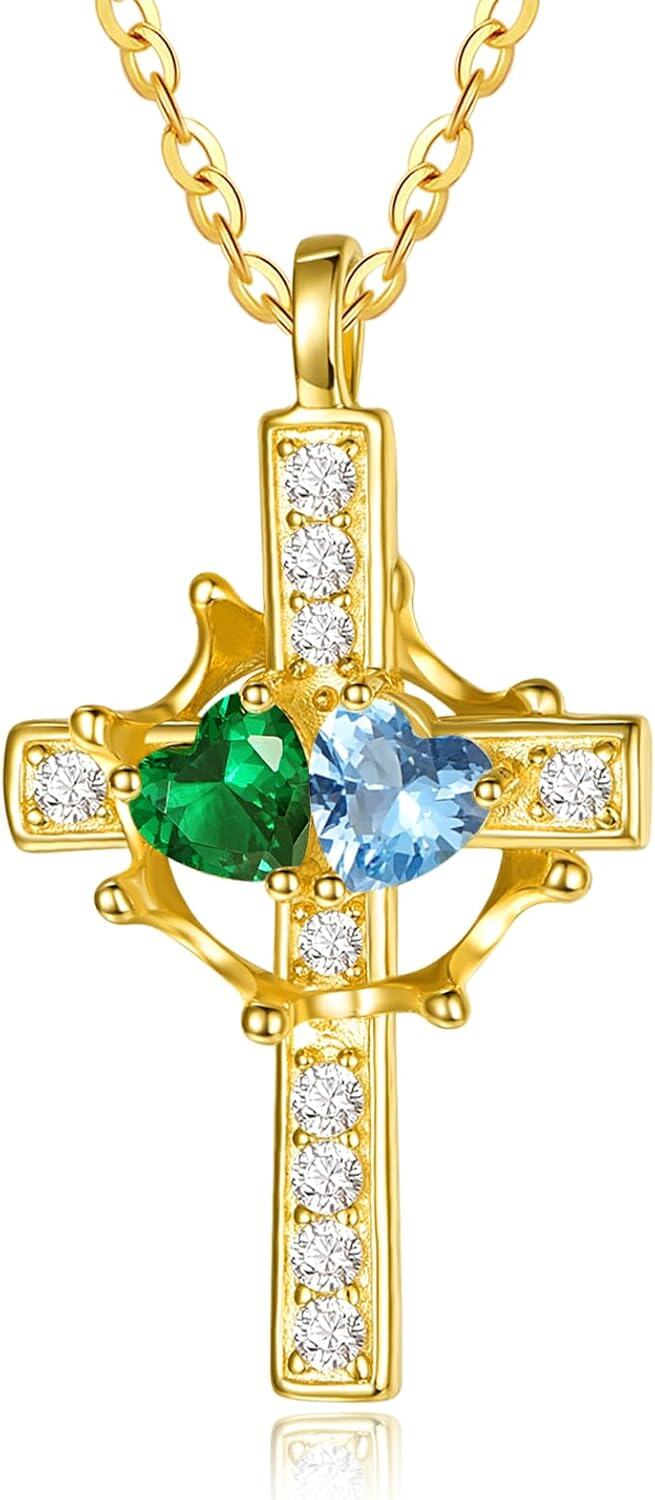 Sterling Silver Birthstones Gold Cross Necklace for Women -05-12-May-Dec-05-12-May-Dec