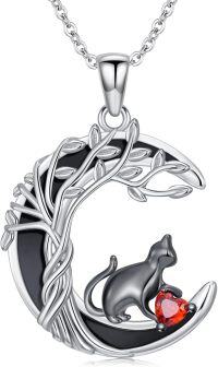 wholesale 925 Sterling Silver Moon Tree with Red Heart Pendant Necklace-Black Cat