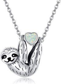 wholesale Sterling Silver Stone Cute Sloth Pendant Necklace for Women Girls Gifts-white opal sloth