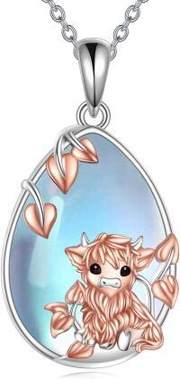 wholesale 925 Sterling Silver Teardrop Moonstone Cow Pendant Necklace-Highland Cow