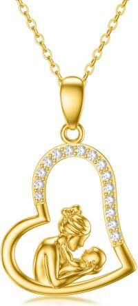 wholesale 14K Gold Solid Heart Pendant Necklace with Mother and Child Design - Perfect Gift for Mom & Daughter-Style B