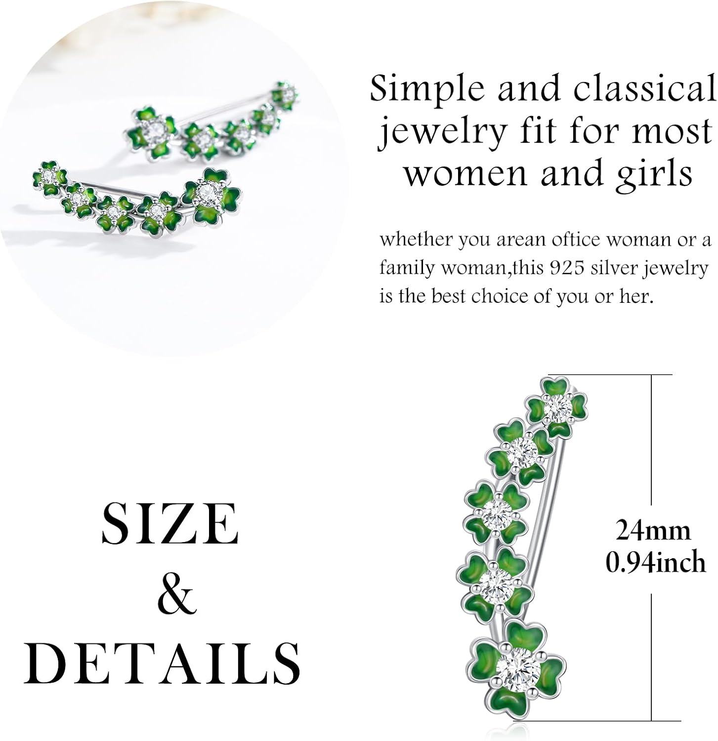 925 Sterling Silver Green Clovers Studs Earrings with Cubic Zirconia for Women St Patrick's Day -0-4