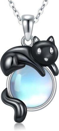 wholesale 925 Sterling Silver Cat Moonstone Pendant Necklace-Cat Black