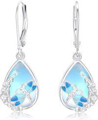 wholesale 925 Sterling Silver Teardrop Blue Opal Butterfly Drop Earrings-Dragonfly Moonstone Earrings