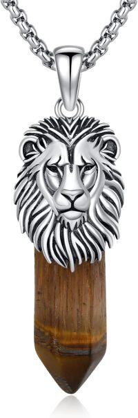 wholesale 925 Sterling Silver Brown Stone Pendant Necklaces with Lion Head Charm for Men & Women-B-Lion