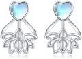 wholesale 925 Sterling Silver Heart-Shaped Moonstone Stud Earrings with Lotus Design - Rainbow Blue Stone s for Women and Girls-0-0