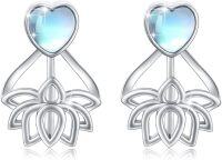 wholesale 925 Sterling Silver Heart-Shaped Moonstone Stud Earrings with Lotus Design - Rainbow Blue Stone s for Women and Girls-Lotus Stud Earrings