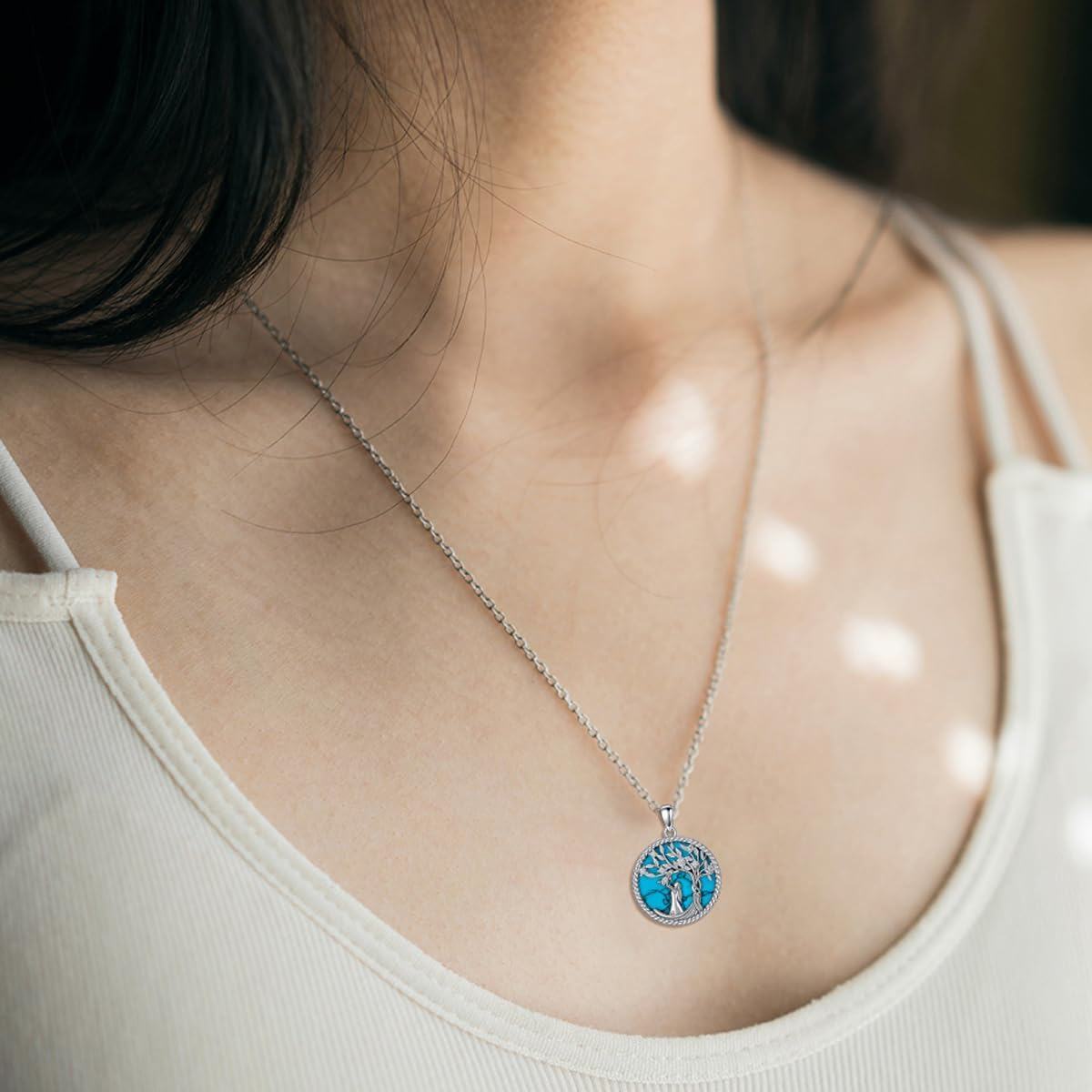 925 Sterling Silver Turquoise and Diamond Tree of Life Pendant Necklace for Women's Mothers' Day Gift-0-2