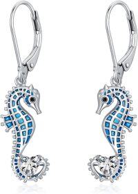wholesale 925 Sterling Silver Birthstone Blue Seahorse Heart Drop Dangle Earrings for Women-April