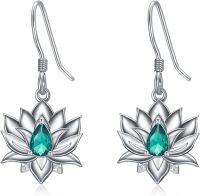 wholesale 925 Sterling Silver Teardrop Green Crystal Lotus Flower Dangle Earrings-Lotus