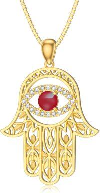 wholesale 18K Gold Plated Evil Eye Hamsa Necklace with Natural Gemstone-Garnet