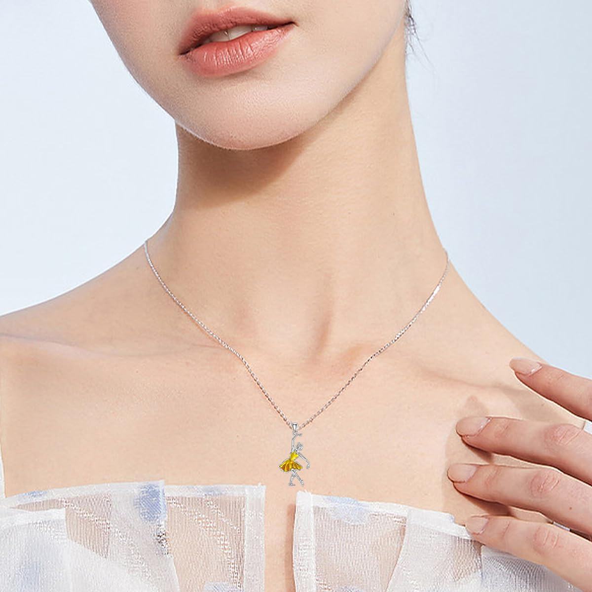 925 Sterling Silver Yellow Enamel Ballet Dancer Pendant Necklaceèèåå é¡¹é¾å¥³ç¤¼ç©å£è¯èé¥°å-0-3