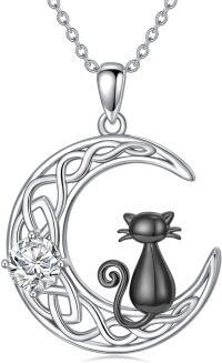 wholesale 925 Sterling Silver & 14k Gold Plated Moon with Black Cat Pendant Necklace - 3D Claw Design and Cubic Zirconia Stone (Black)-Black Cat