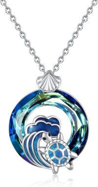 wholesale 925 Sterling Silver Blue Opal Sea Wave Turtle Shell Pendant Necklaces Ocean Animals Gifts for Women-03-Crystal Turtle Necklace