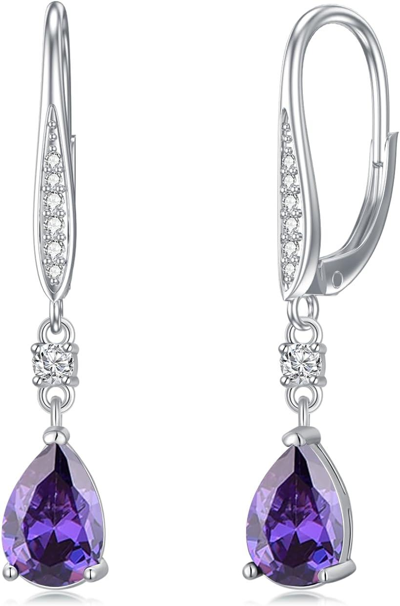 Sterling Silver Austrian Crystal Teardrop Leverback Earrings Women s Gift-02-amethyst-Feb