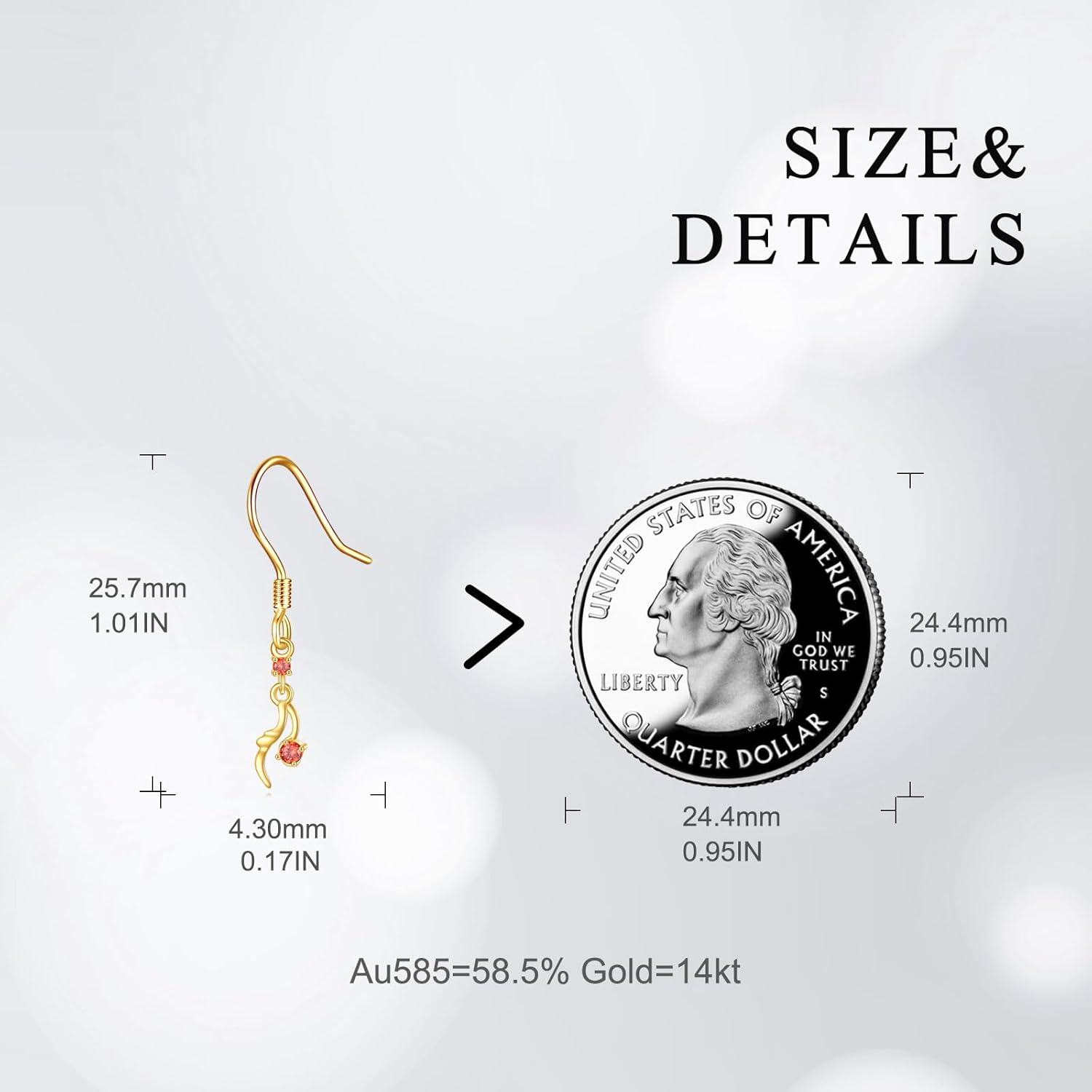 14K Gold Red Crystal Sun and Moon Drop Earrings for Women - Lever Back s-0-5