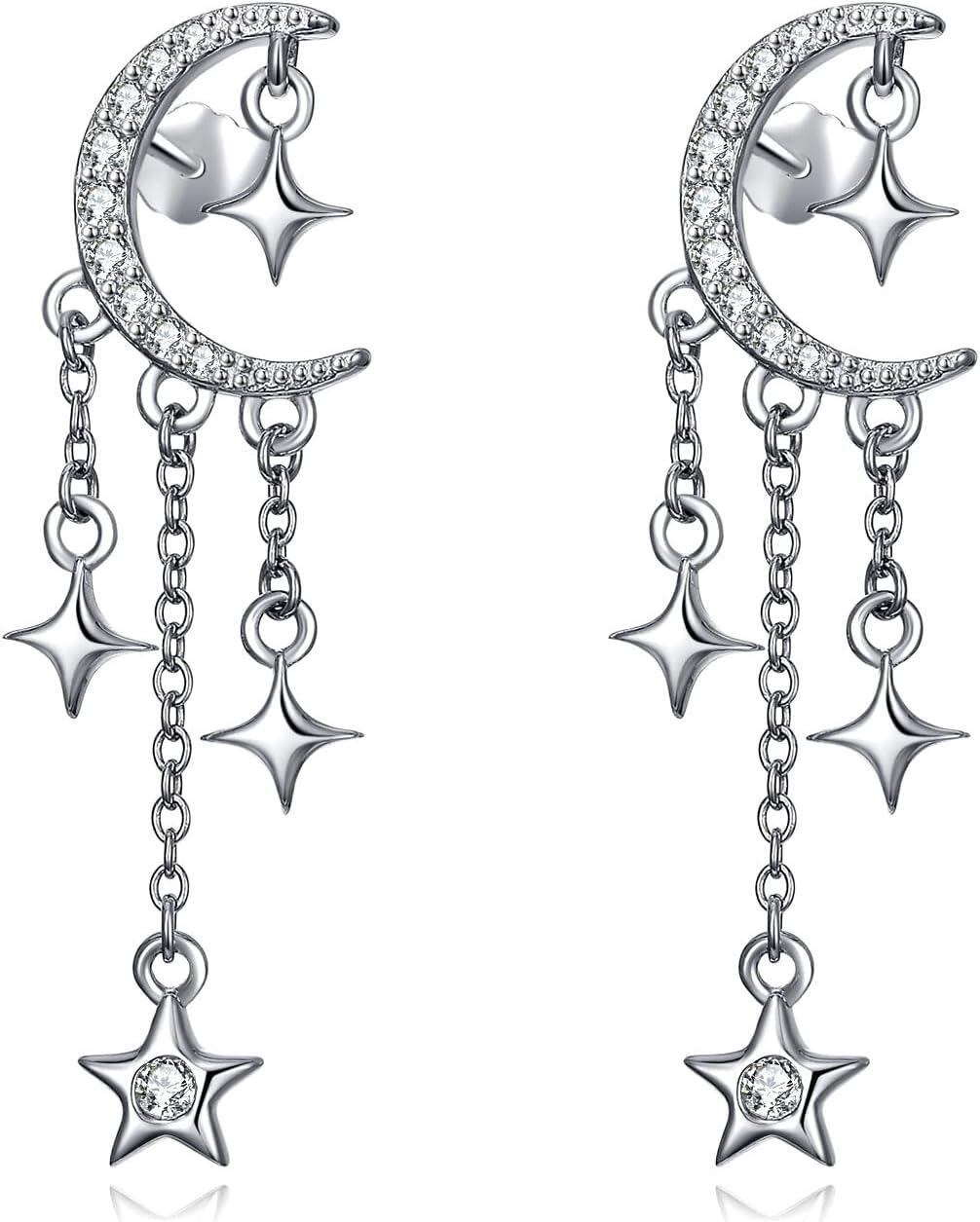 Sterling Silver CZ Sparkling Crescent Moon Star Stud Tassel Earrings-0-1