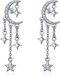 wholesale 925 Sterling Silver CZ Sparkling Crescent Moon & Stars Dangle Drop Earrings with Chain and Crystal Accents-0-0