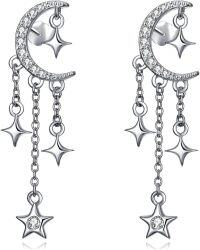 wholesale 925 Sterling Silver CZ Sparkling Crescent Moon & Stars Dangle Drop Earrings with Chain and Crystal Accents-Silver