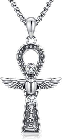 wholesale 925 Sterling Silver Winged Scarab Ankh Pendant Necklace with Cubic Zirconia for Women and Men-Ankh Scarab