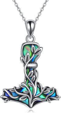wholesale 925 Sterling Silver Abalone Shell Thor's Hammer & Tree of Life Necklace Norse Viking Jewelry-green-abalone shell