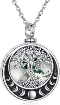 wholesale 925 Sterling Silver Round Abalone Shell and Opal Tree of Life Cremation Jewelry Keepsake Pendant Necklace for Ashes-Moss Agate Moon Phase