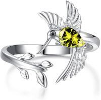 wholesale 925 Sterling Silver Birthstone Hummingbird Leaf Ring Adjustable Jewelry Gift-08-August-Peridot