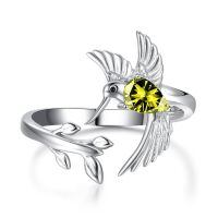 wholesale 925 Sterling Silver Birthstone Hummingbird Leaf Ring Adjustable Jewelry Gift-08-August-Peridot