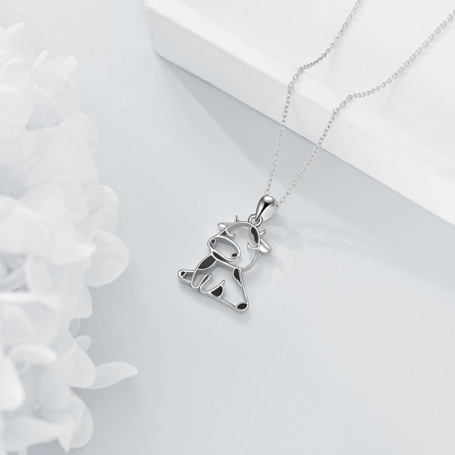 Sterling Silver Stone Cute Highland Cow Pendant Necklace for Women-0-2