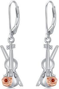 wholesale 925 Sterling Silver Violin Shape Drop Earrings with Rose Gold Plated Accents and Garnet Stone Gift for Women-Violin