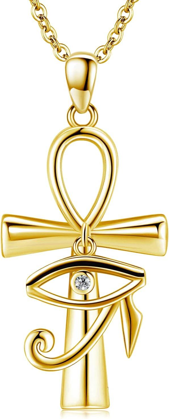Gold 925 Sterling Silver Eye of Horus Ankh Pendant Necklace - Egyptian Protection-0-0