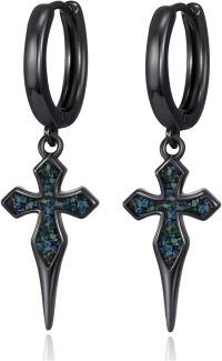 wholesale 925 Sterling Silver Black Cross Drop Earrings with Turquoise and Malachite Accents-Cross-Abalone