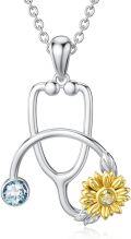 wholesale S925 Sterling Silver Sunflower Stethoscope Necklace with Birthstone - Gift for Nurses, Doctors, Women, Men - 18+2 Chain-0-0