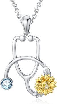 wholesale S925 Sterling Silver Sunflower Stethoscope Necklace with Birthstone - Gift for Nurses, Doctors, Women, Men - 18+2 Chain-12-Stethoscope-Dec.
