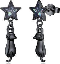 wholesale 925 Sterling Silver Black Star & Cat Dangle Studs - Halloween  for Her-Cat-star