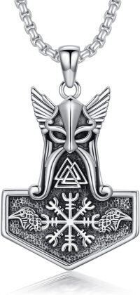 wholesale 925 Sterling Silver Viking Thor's Hammer Mjolnir Pendant Necklace with Raven Design and Valknut Symbol for Men & Women-Style 2