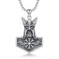 wholesale 925 Sterling Silver Viking Thor's Hammer Mjolnir Pendant Necklace with Raven Design and Valknut Symbol for Men & Women-0-0