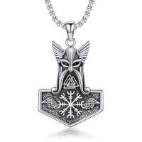 wholesale 925 Sterling Silver Viking Thor's Hammer Mjolnir Pendant Necklace with Raven Design and Valknut Symbol for Men & Women-Style 2