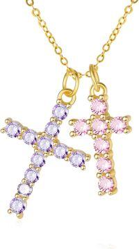 wholesale 14K Gold Sterling Silver Birthstone Double Cross Necklace for Women-06-10-Jun-Oct