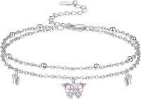 wholesale 925 Sterling Silver Pink Stone Butterfly Charm Ankle Anklet for Women-Pink