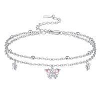 wholesale 925 Sterling Silver Pink Butterfly Charm Bracelet Wholesale With Crystal Accents-Pink