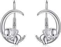 wholesale 925 Sterling Silver Elephant on Crescent Moon Leverback Dangle Drop Hoop Earrings for Women-26-Leverback-Elephant