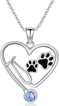 wholesale Sterling Silver Birthstone Vet Stethoscope Necklace Dog Paw Pendant Nurse Jewelry Gift for Women Veterinarians-Stethoscope 03-March Birthstone