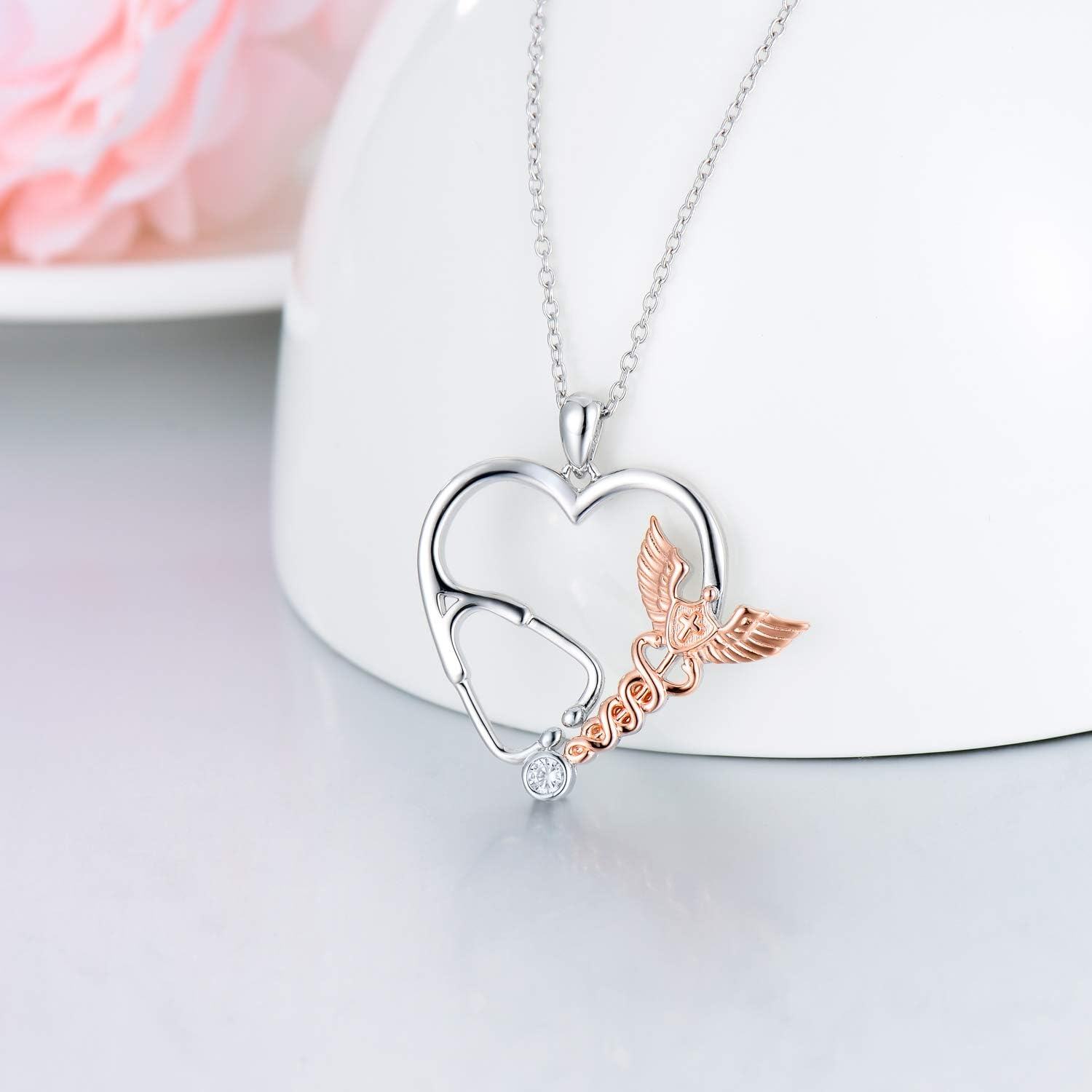 Sterling Silver Stethoscope Necklace w Angel Wings Cross Caduceus-0-1