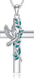 wholesale 925 Sterling Silver Cross with Dove and Turquoise Leaves Pendant Necklace-0-0